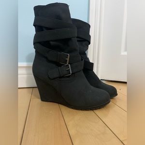 Call It Spring Fur Lined Strappy Black Wedged Boots